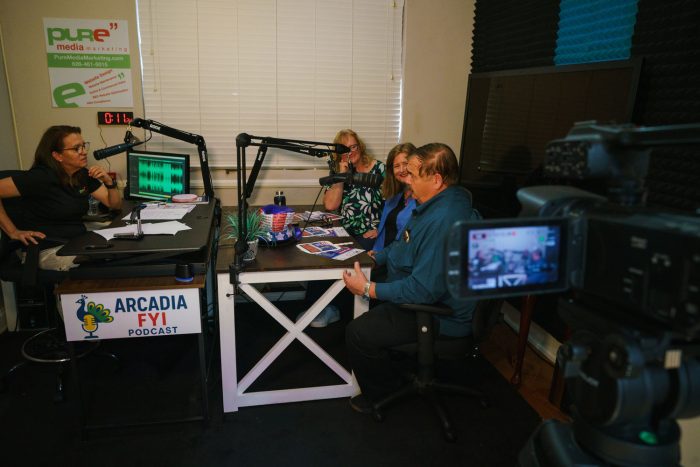 Downtown Arcadia Arcadia FYI podcast being recorded with Christine Zito, MJ Finstrom, Donna Choi, and Peter Amundson