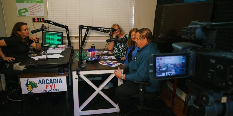 Arcadia FYI podcast being recorded with Christine Zito, MJ Finstrom, Donna Choi, and Peter Amundson