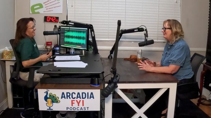 Christine-and-MJ-laughing MJ Finstrom, owner of HUTdogs with Christine Zito on Arcadia FYI.