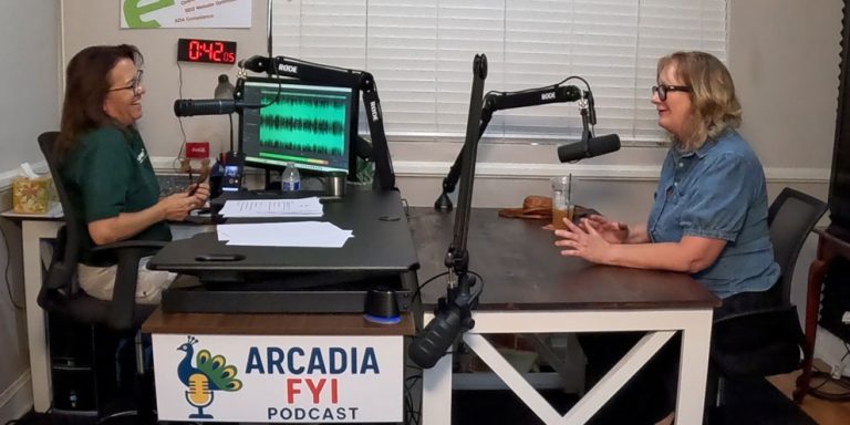 Christine-and-MJ-laughing MJ Finstrom, owner of HUTdogs with Christine Zito on Arcadia FYI.