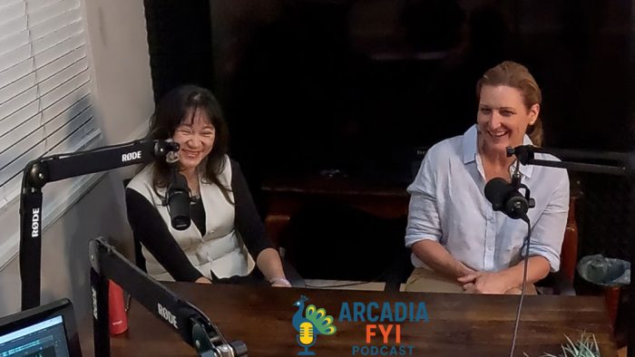 Mayor Sharon Kwan and Form Mayor April Verlato sitting doing a podcast interview on Arcadia FYI.