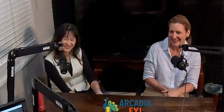 Sharon and April Mayor Sharon Kwan and Form Mayor April Verlato sitting doing a podcast interview on Arcadia FYI.