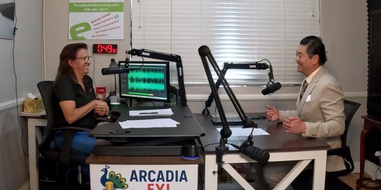 Christine-and-Paul-laughing Christine Zito, host of Arcadia FYI and City Councilman Paul P. Chang laugh during interview at Pure Studios in Arcadia.