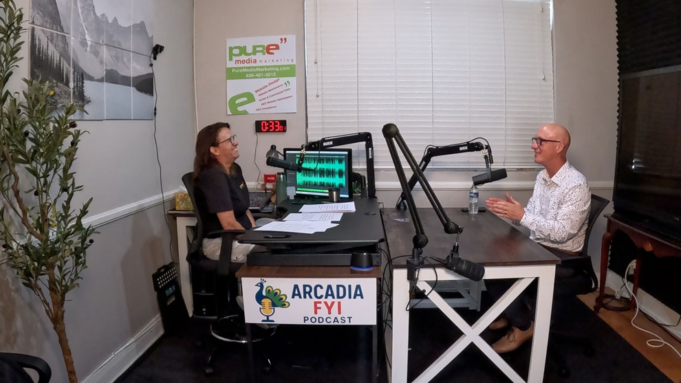 Christine Zito interviewing and laughing with the City of Arcadia Superintendent Dr. David Vannasdall on Arcadia FYI.