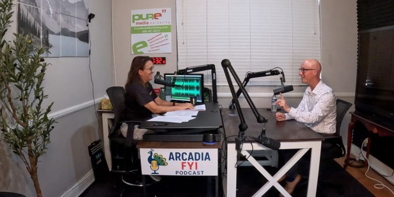 Dr.-David-and-Christine Christine Zito interviewing the City of Arcadia Superintendent Dr. David Vannasdall on Arcadia FYI.