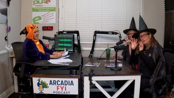 at-camera MJ Finstrom, owner of HUTdogs and Marketing Director, Donna Choi, Executive Director of Downtown Arcadia with Christine Zito in studio on Arcadia FYI