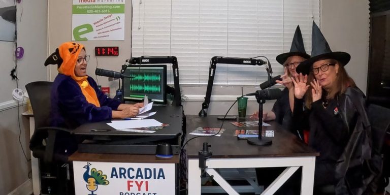 at-camera MJ Finstrom, owner of HUTdogs and Marketing Director, Donna Choi, Executive Director of Downtown Arcadia with Christine Zito in studio on Arcadia FYI