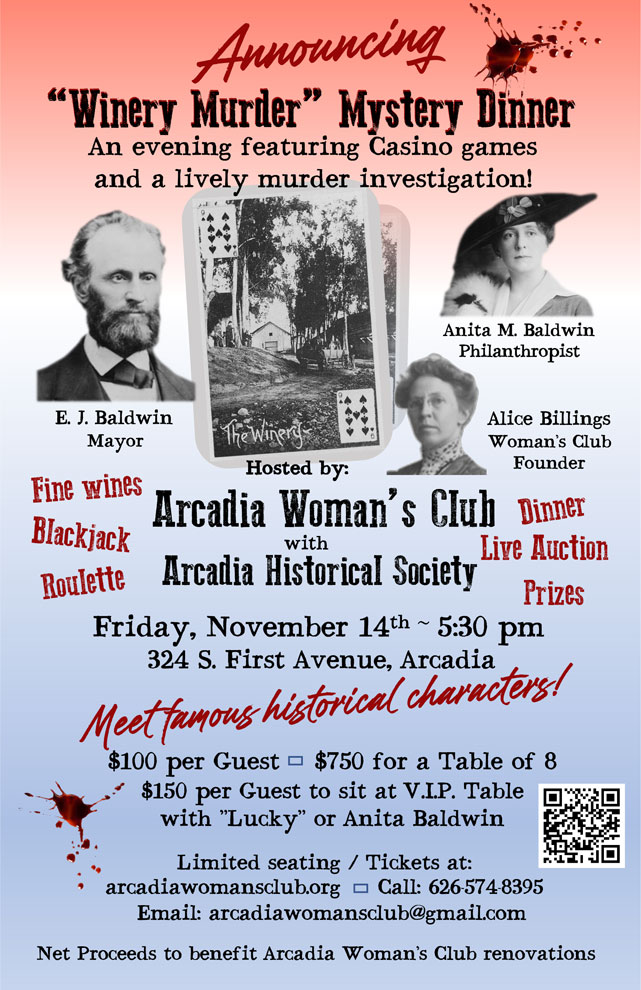 Flyer for Mystery Dinner held at the Arcadia Woman's Club in Arcadia.