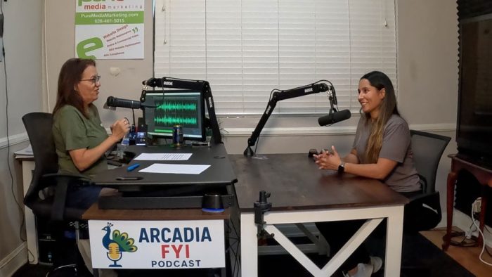 Amy Moufarrege, owner of ServePro Arcadia in studio being interviewed with Christine Zito of Arcadia FYI.