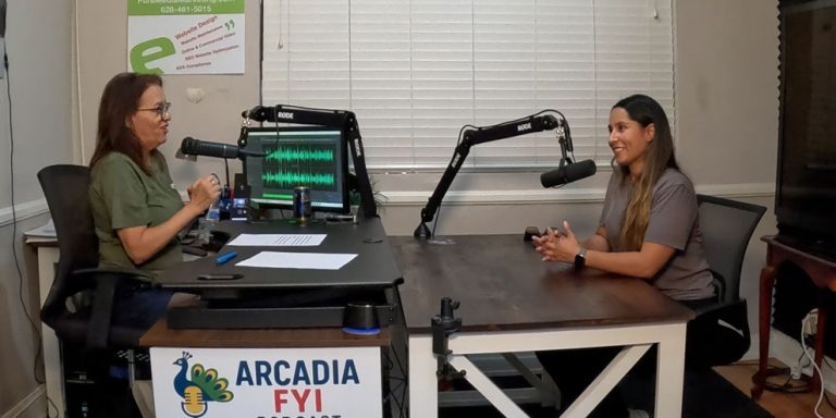 Amy Moufarrege, owner of ServePro Arcadia in studio being interviewed with Christine Zito of Arcadia FYI.