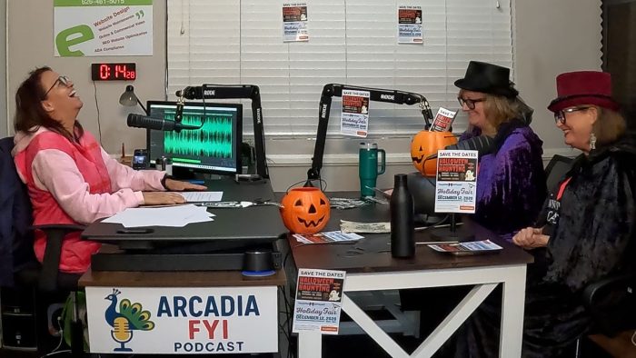 MJ Finstrom, Marketing Director and Donna Choi, Executive Director with Downtown Arcadia having fun with Christine Zito on Arcadia FYI.