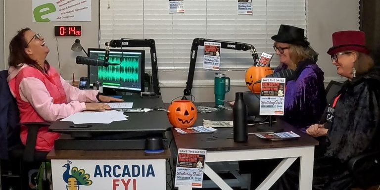 MJ Finstrom, Marketing Director and Donna Choi, Executive Director with Downtown Arcadia having fun with Christine Zito on Arcadia FYI.